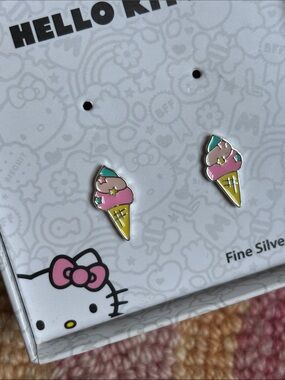 Hello Kitty Ice cream cone dainty Earrings fine silver plated NWT